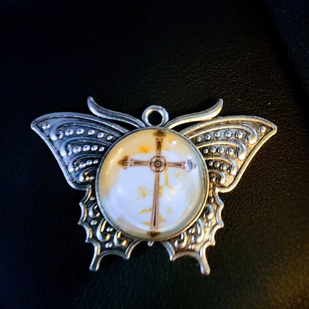 Butterfly Cross Pendant Necklace in Silver and Cream